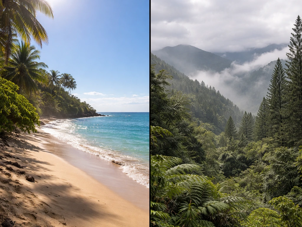 Split view of Puerto Rico coast in warm sun and cooler mountain interior with misty peaks