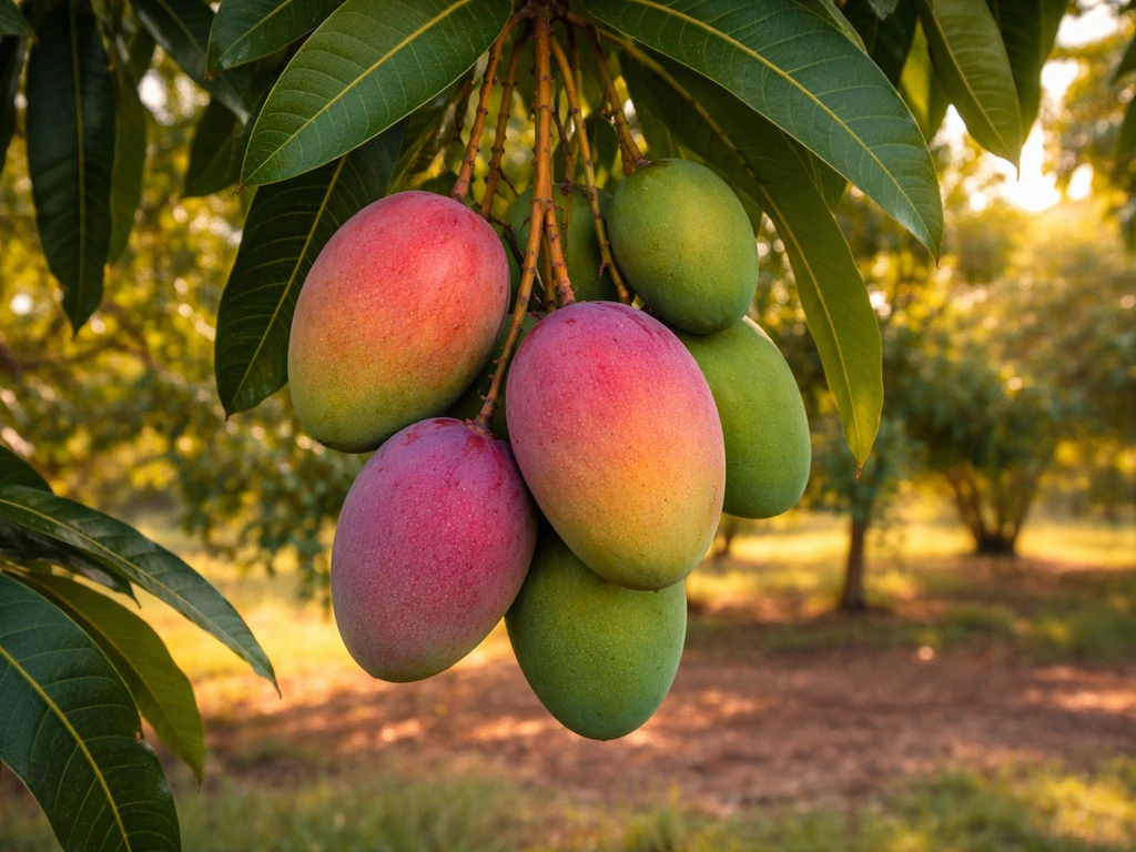 Close-up of ripe and unripe mangoes on a Puerto Rico tree branch in warm sunlight.