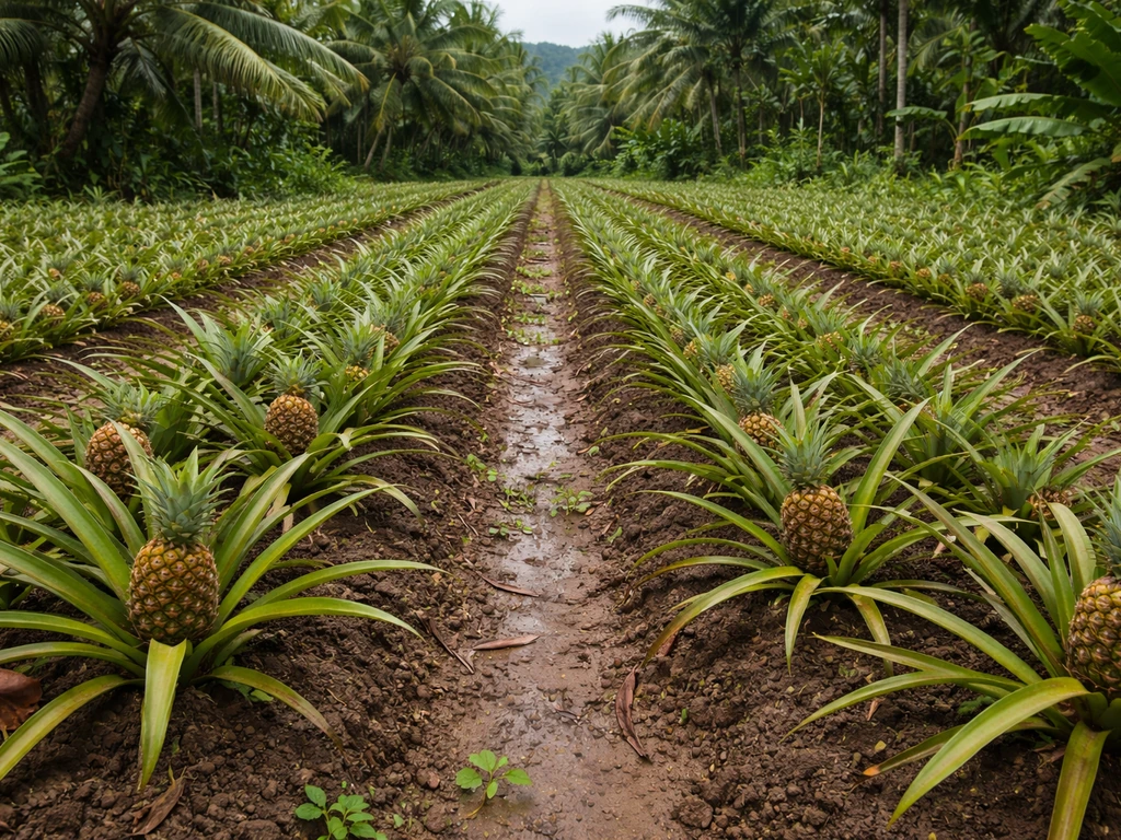 Close view of pineapple plants in neat rows with several harvest-ready pineapples among rosettes.