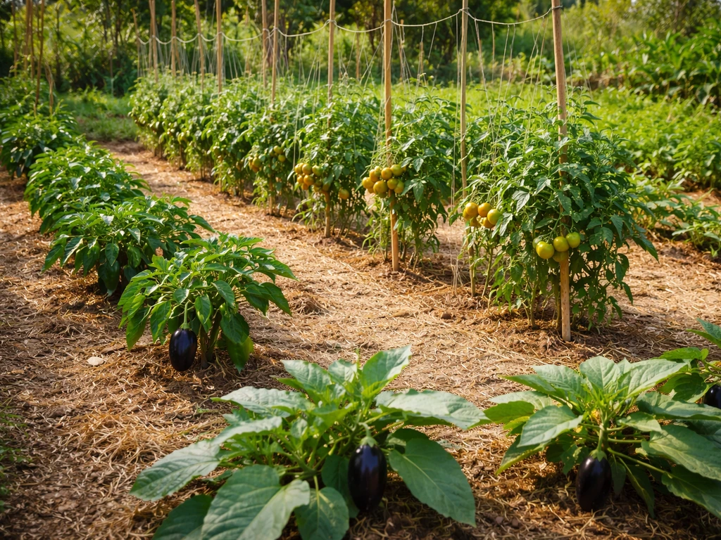 Small garden bed with trellised tomatoes, peppers, and eggplant in warm, well-spaced soil.
