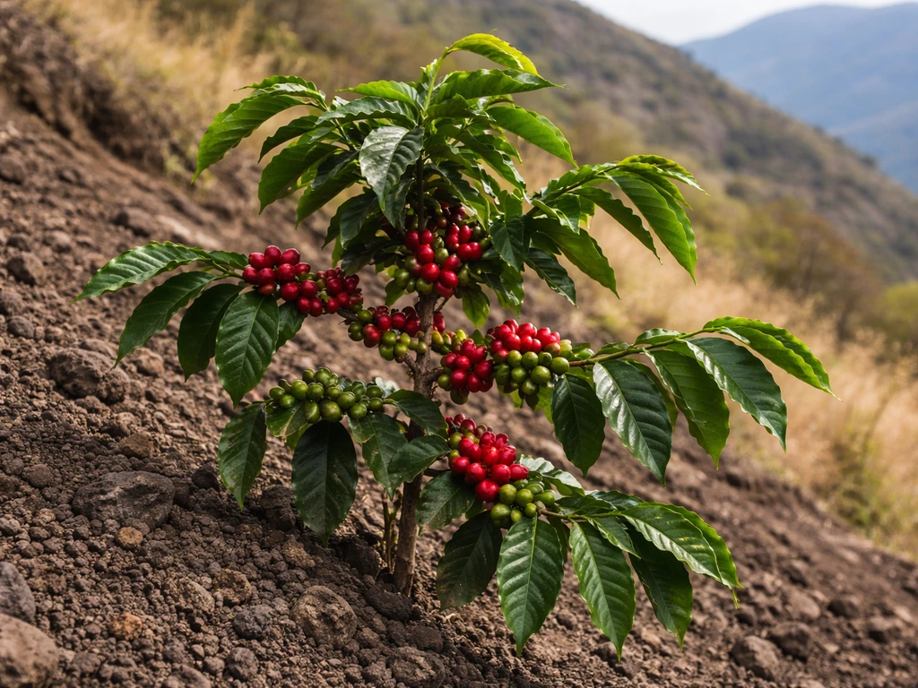 Close view of coffee plant branches with red cherries growing in volcanic hillside soil.