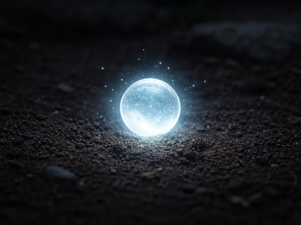 Glowing orb-like moondew nectar hovering above dark soil in a simple, fantasy garden setting