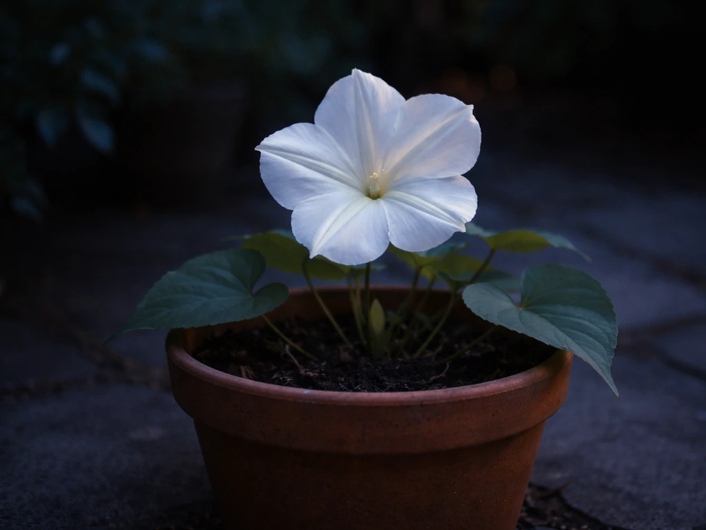 Moonflower (white morning-glory) blossoms opening at dusk in a small garden container