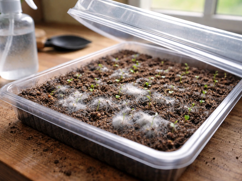 Close-up of germinating seedlings on damp medium with visible fuzzy mold, next to a spray bottle and airflow cover.