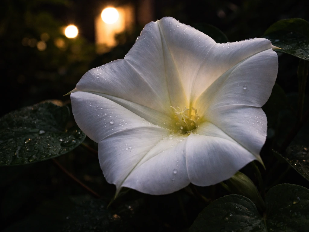 Close-up of a moonflower blossom at night with small glossy nectar droplets inside the petals.