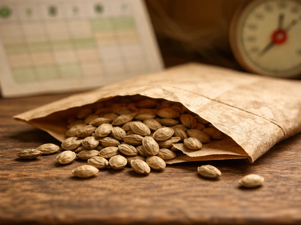 Ancient seeds in an old paper envelope beside a blurred planting calendar and thermometer for timing.