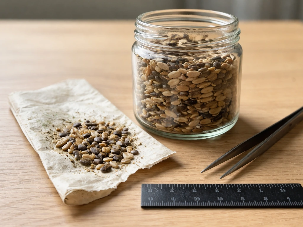 Close-up of seeds in a jar next to a torn seed packet and tweezers on a light wood table.