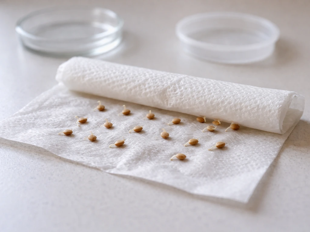 Close-up of a damp paper towel germination setup with a few seeds, some sprouted and some not.