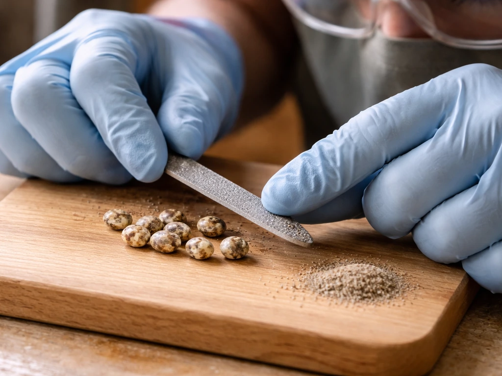Gloved hands roughening hard-coated seeds with a metal file on a wooden board, with grit nearby.
