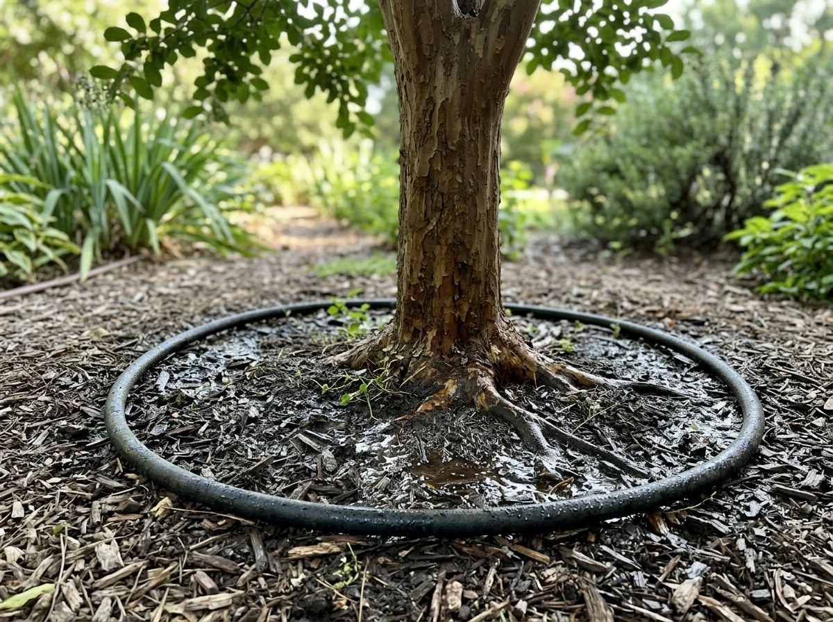 Soaker hose watering the root zone for healthy leaf-out