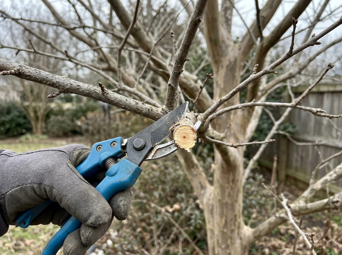 Pruning shears cutting a dormant crepe myrtle branch