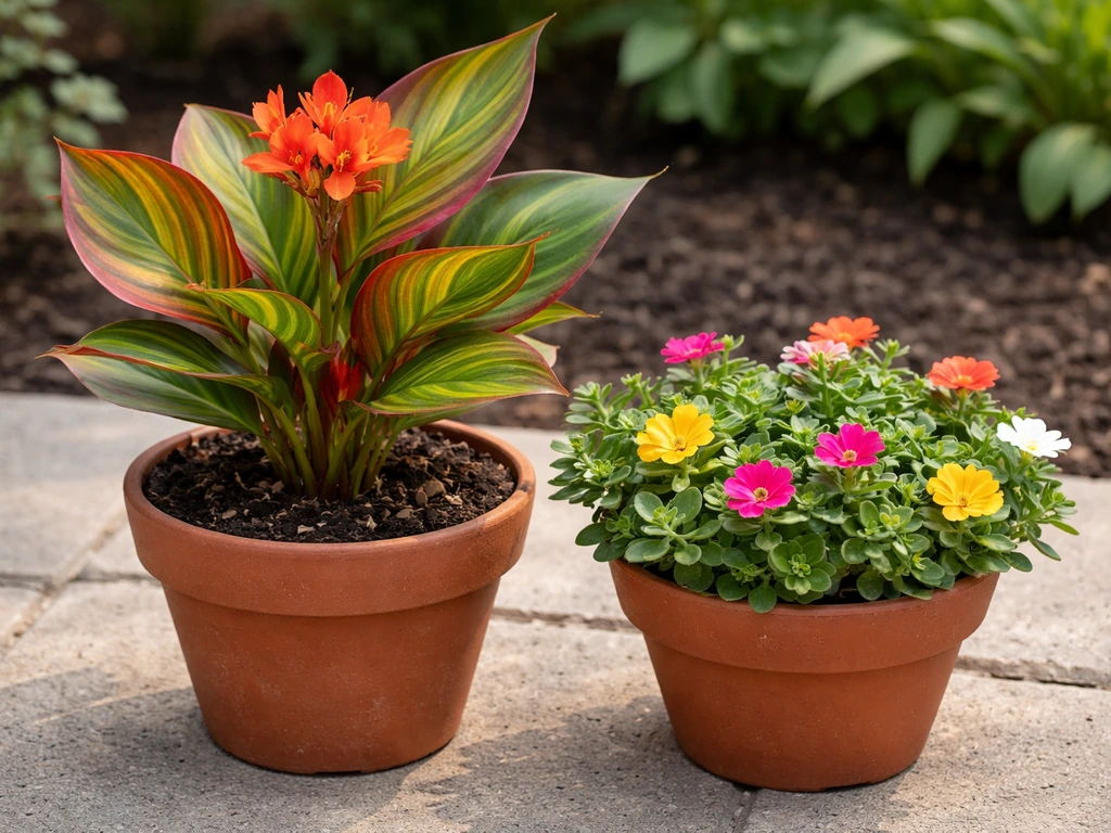 Two different potted garden plants—canna and purslane—together in natural light on a patio.