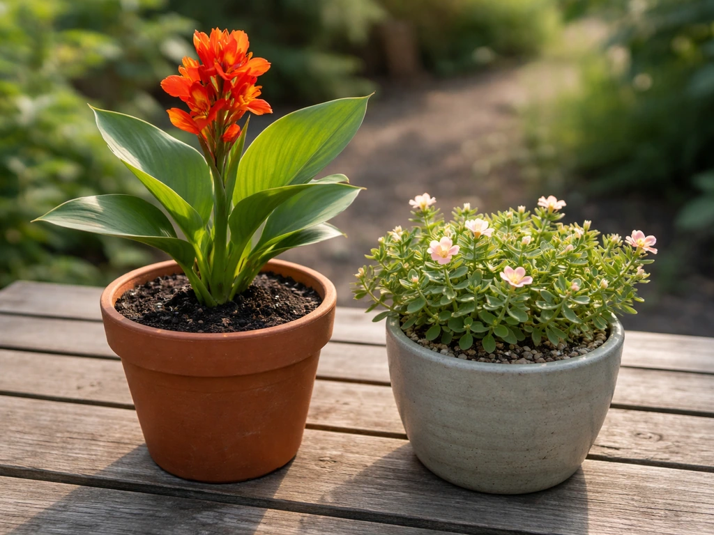 Two different potted garden plants side-by-side: a canna flower and purslane leaves/flowers.