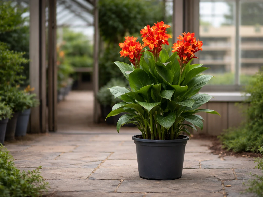 A single vivid canna plant in a small greenhouse setting, contrasted with blurred big-box shelves nearby.