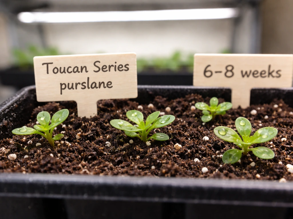 Small purslane seedlings in a seed-start tray under a grow light, with simple plant tags for timing.