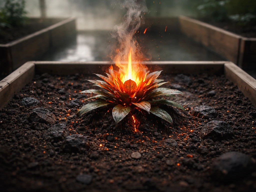 Fiery glowing volcanic plant erupting in a minimal grow garden bed, with sparks and smoke.
