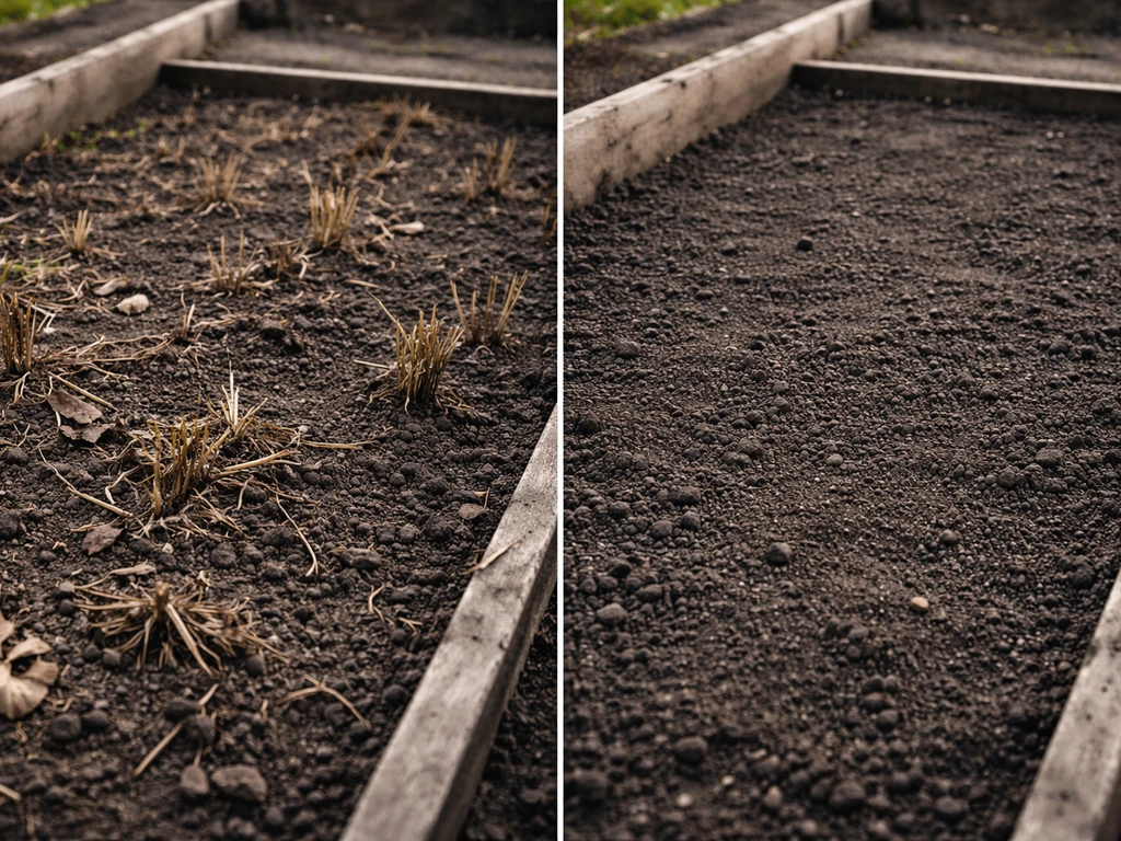 Split view of a harvested volcanic bed: left has plant remains, right shows bare empty soil.