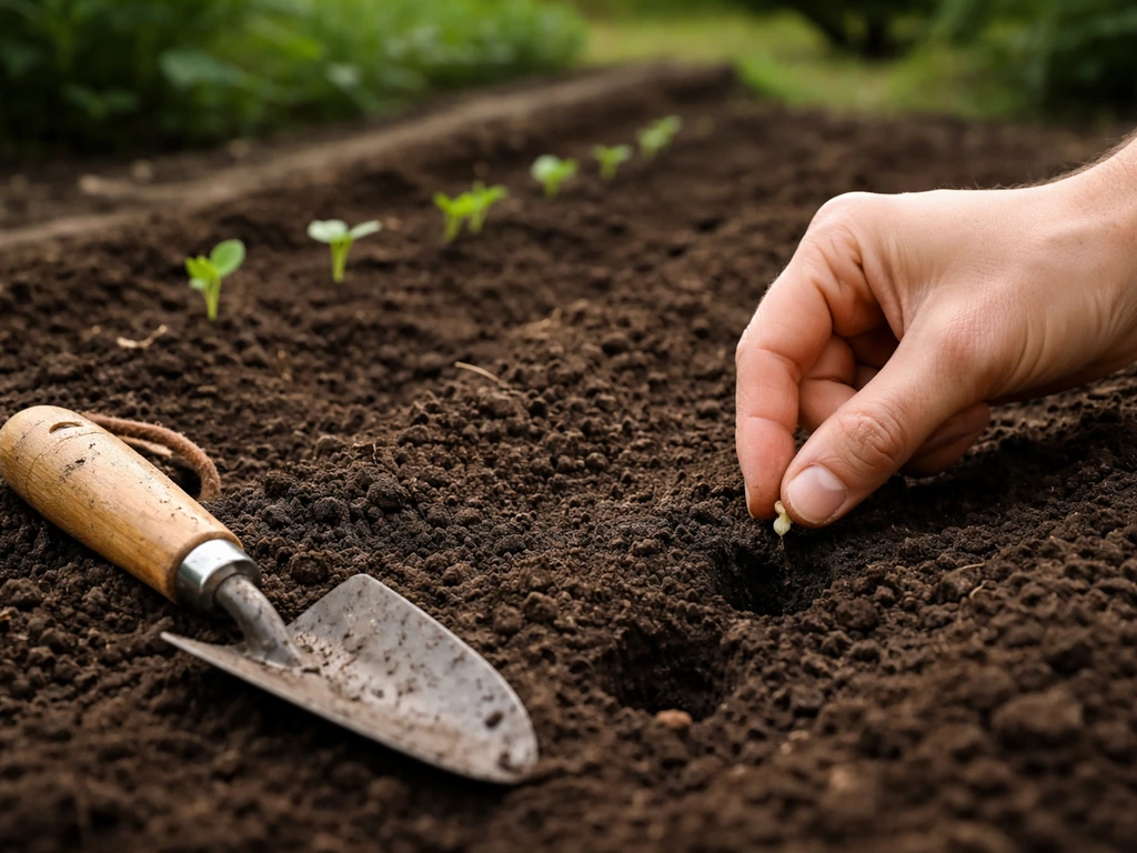 Hand planting a single seed in a garden bed with a few tiny sprouts showing early growth.