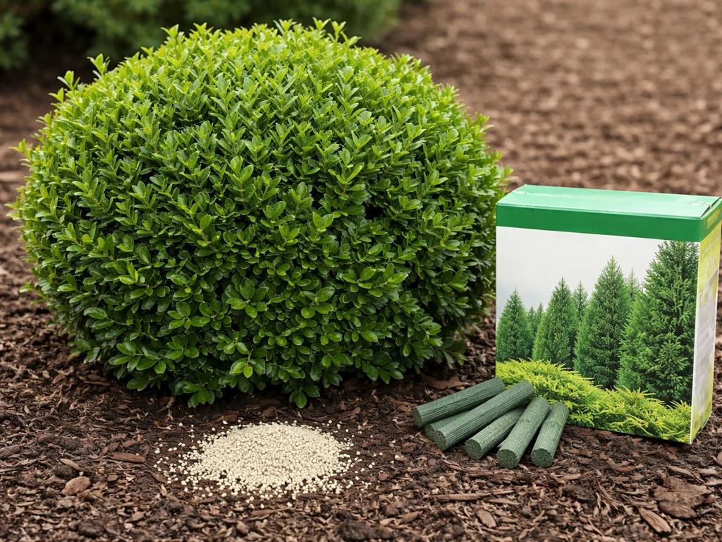 Healthy boxwood shrub next to an evergreen fertilizer package and a small amount of granular fertilizer.
