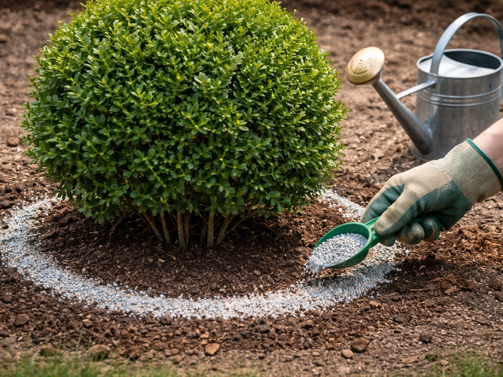 Boxwood shrub at the drip line with a watering can nearby, fertilizer applied carefully away from stems
