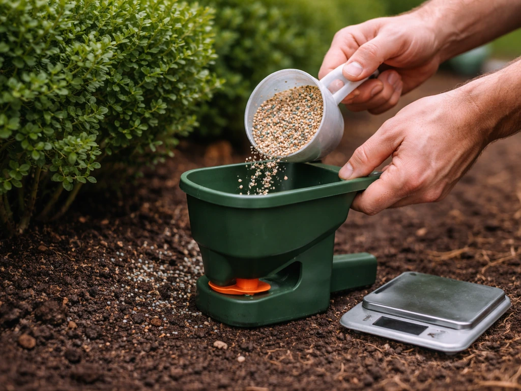 Anonymous hands pouring granular fertilizer from a scoop into a handheld spreader by boxwoods’ drip line.