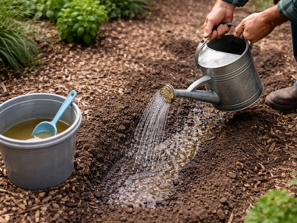 Gardener pre-waters dry soil, then pours diluted liquid fertilizer onto the root zone away from leaves.
