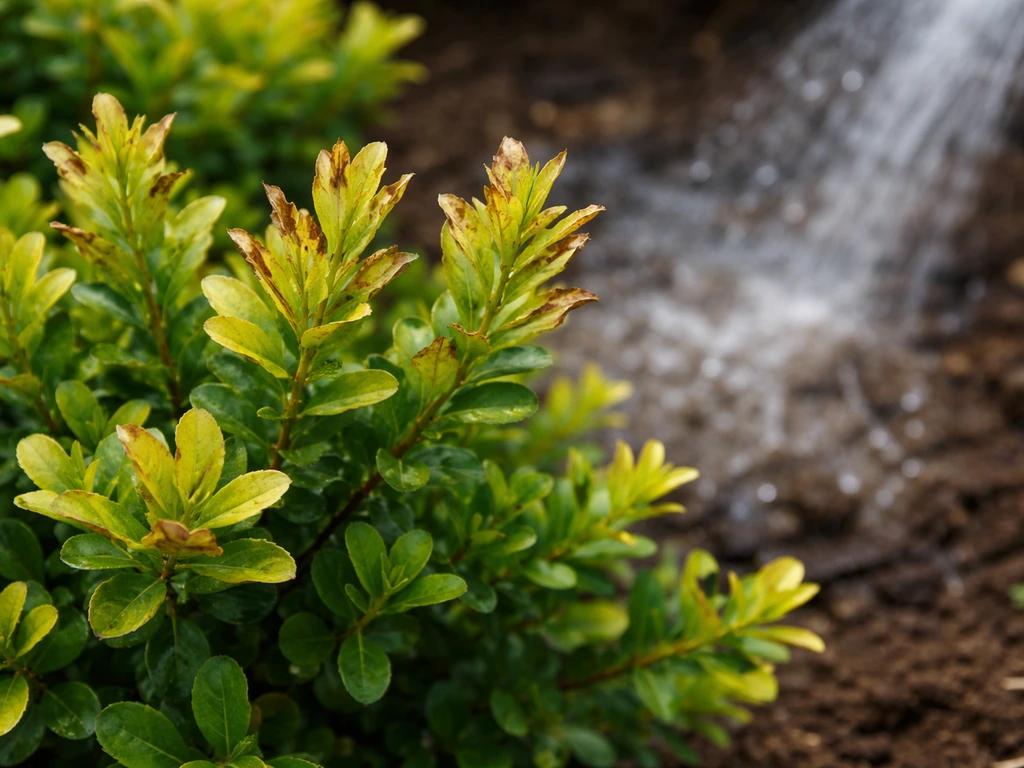 Close-up of boxwood tips with yellowing and browned edges, with watering stream washing nearby soil.