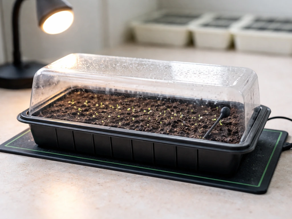 Close-up of a seed germination tray under a clear dome with moist soil, warm setup, and a small light nearby.