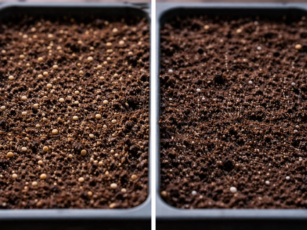 Close-up split view of tiny seeds on the surface vs slightly buried too deep in moist soil.