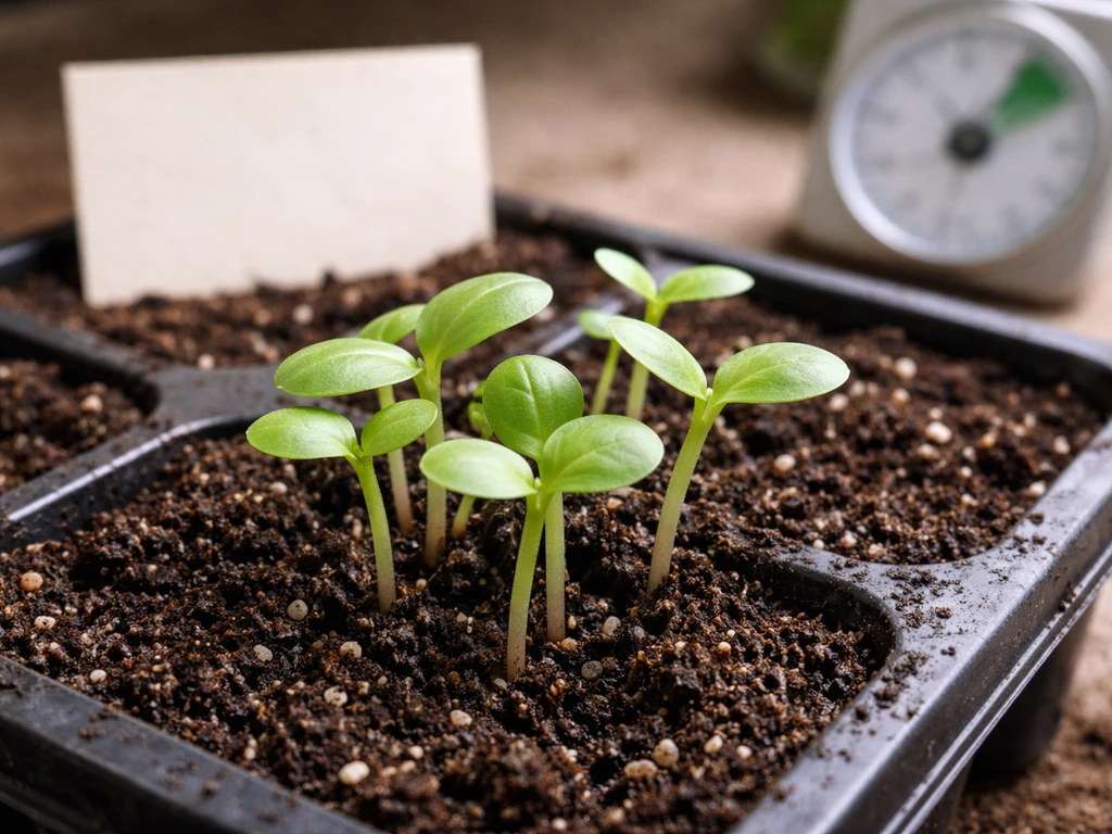 Healthy cotyledon-stage seedlings with normal roots in moist soil, beside a blurred blank timer card.