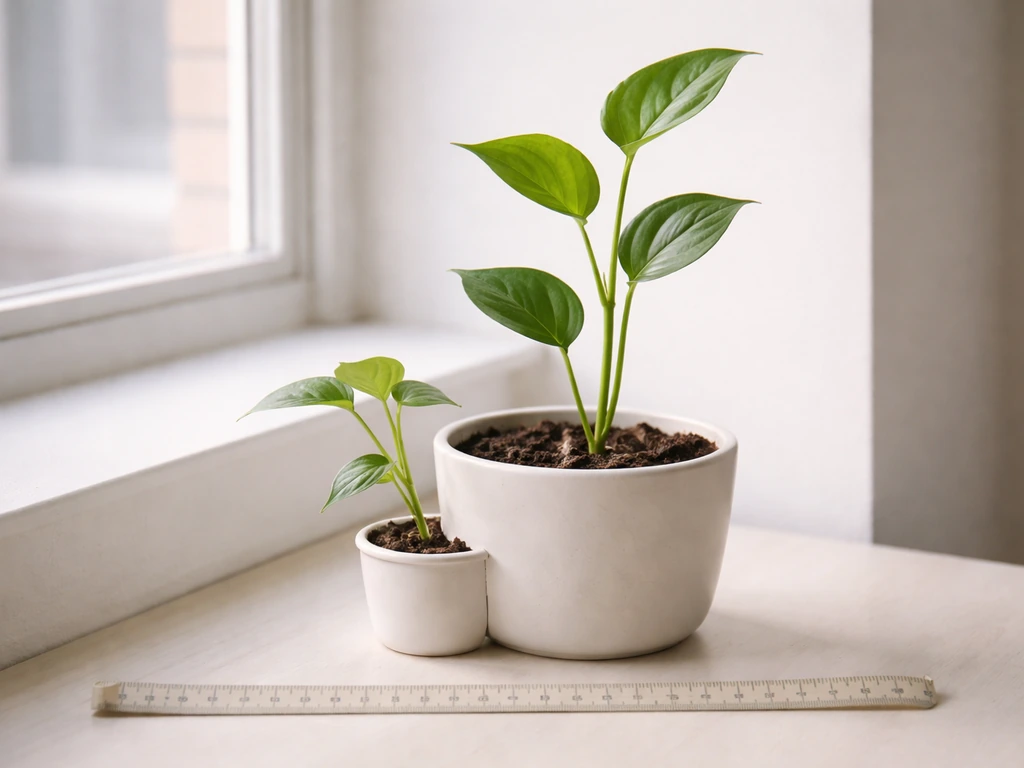 Potted plant on a windowsill next to a measuring tape, showing stunted vs healthy growth.