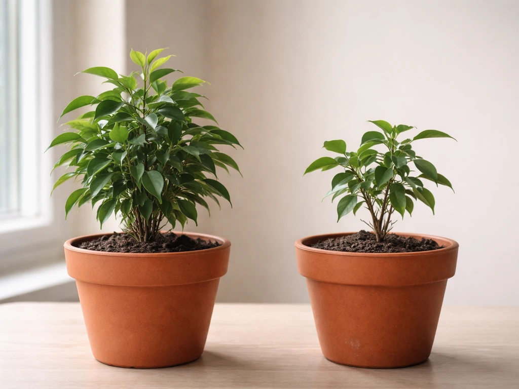 Two small potted plants side by side—one thriving with new growth, one stunted and smaller.