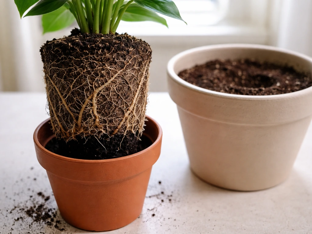 Plant roots lifted from a pot with a larger pot beside it to show container size limits final growth.