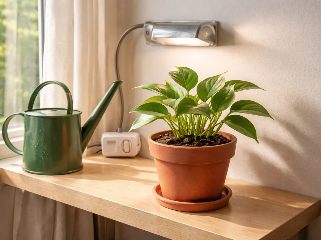 Single potted plant by a sunny window with a small grow light and timer on a shelf.