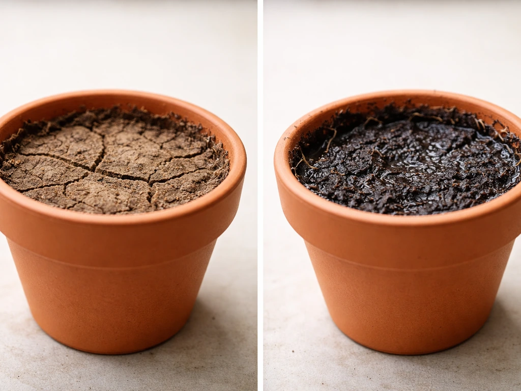 Split view of dry cracked soil and oversaturated soil with exposed roots in small pots.