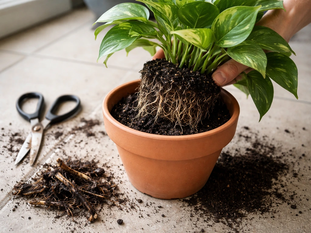 Plant being repotted with dark affected roots trimmed away and fresh soil added.