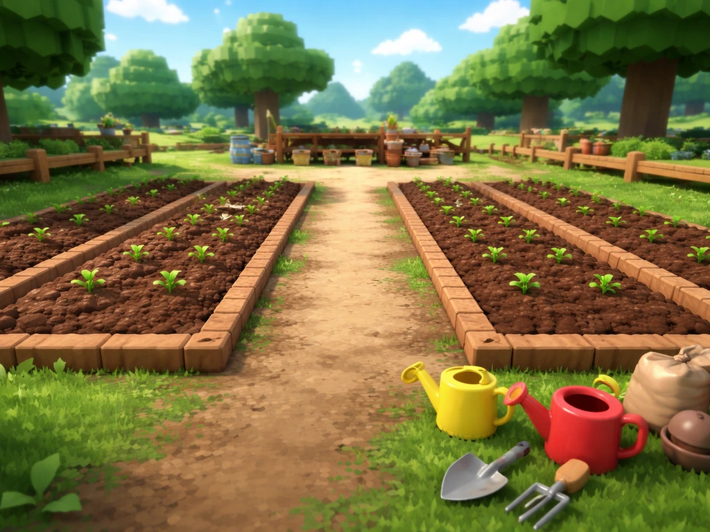 View down neat gardening plots with young crops and a distant player garden hub in a Roblox-like world.