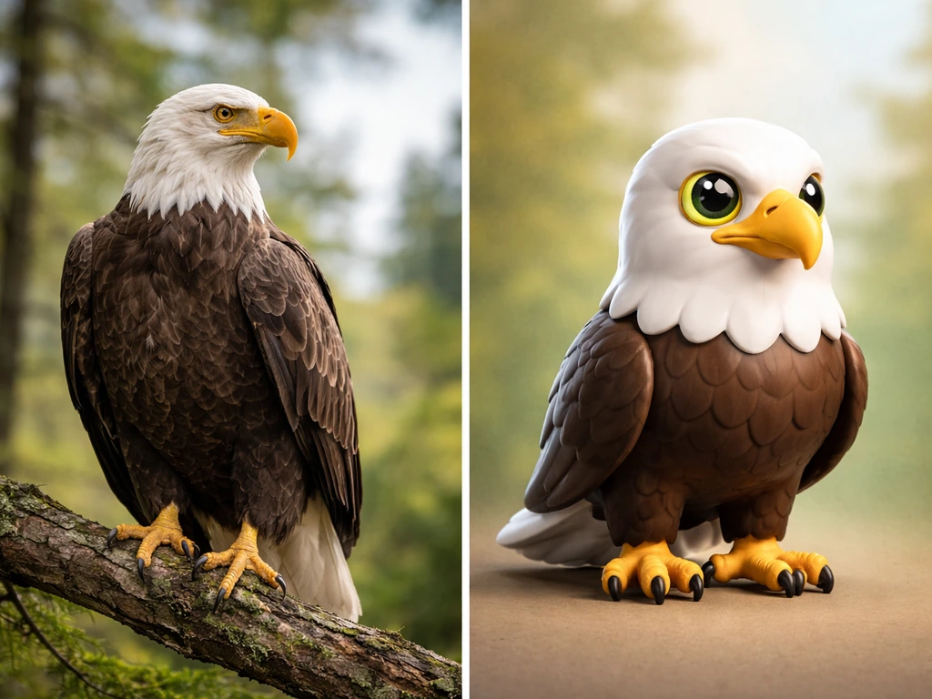 Wild bald eagle perched beside a simplified game-style bald eagle pet model on a contrasting background.