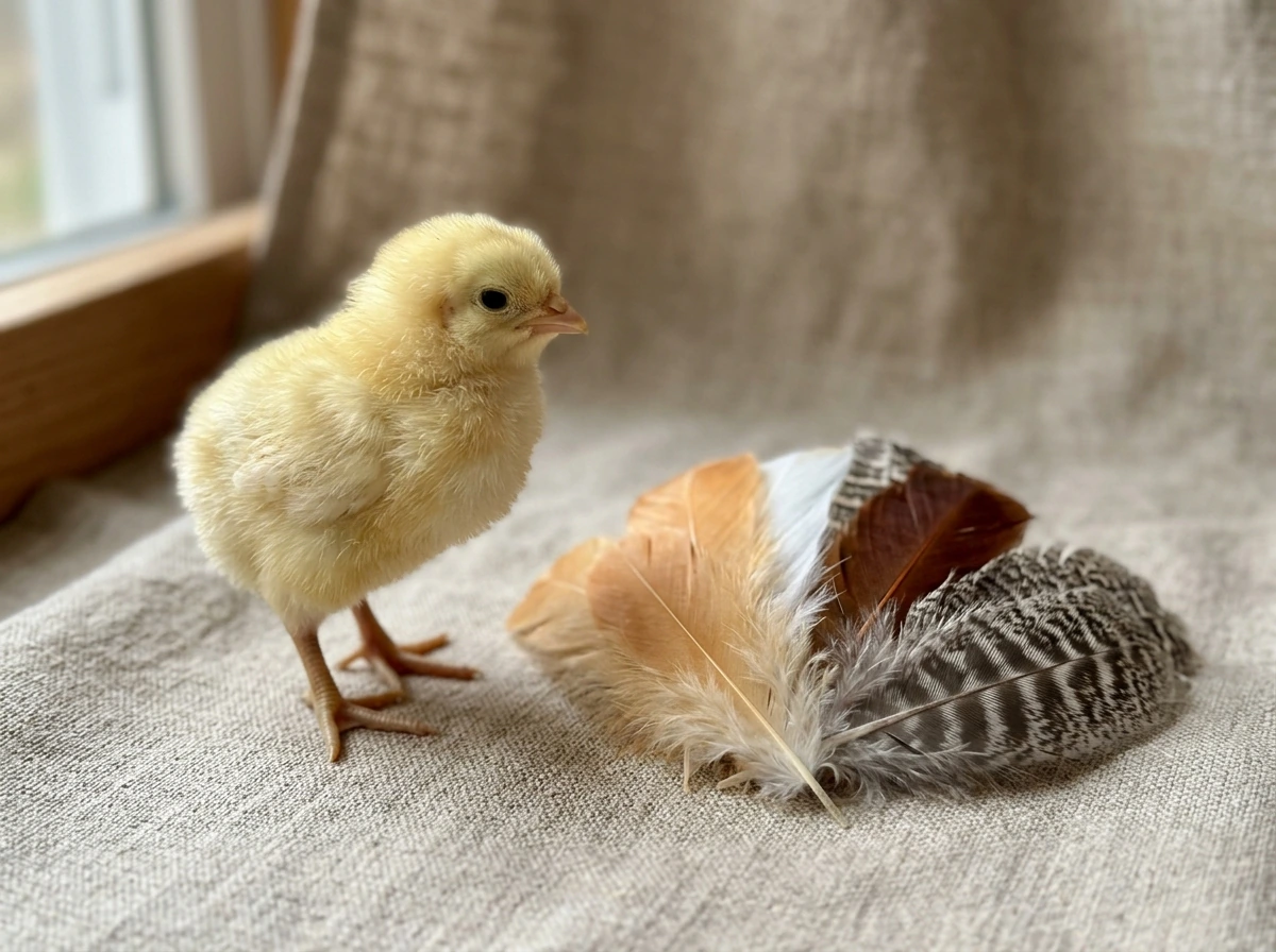Close-up of yellow down chick beside adult feather colors for different breed outcomes