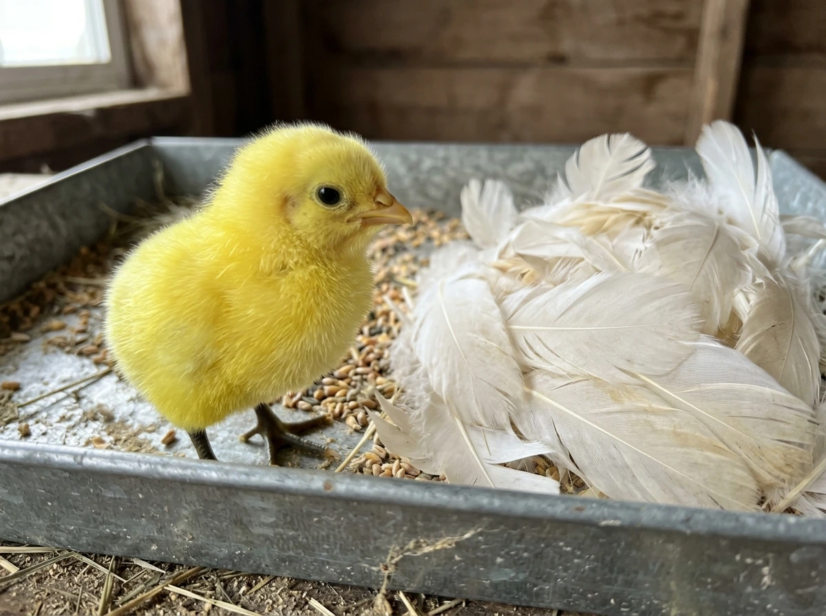 White Leghorn chick with bright canary-yellow down next to white adult feathers