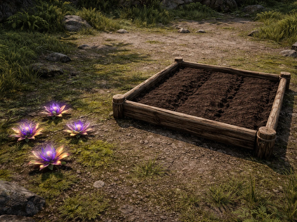 Game-like scene showing rare flower loot on the ground beside an empty crop plot with soil