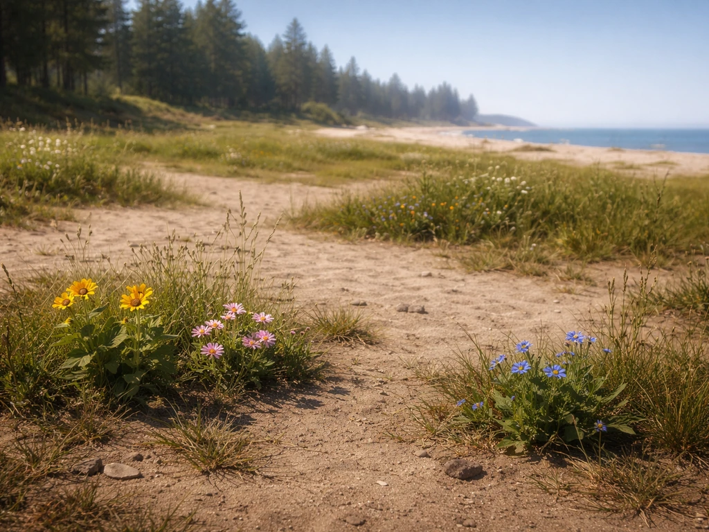 Minimal game-like landscape showing wild plants in a specific biome with rare flower spawns