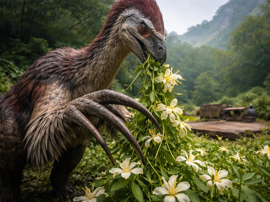 Therizinos harvesting dense wild flowers near a small wooden harvesting base platform.