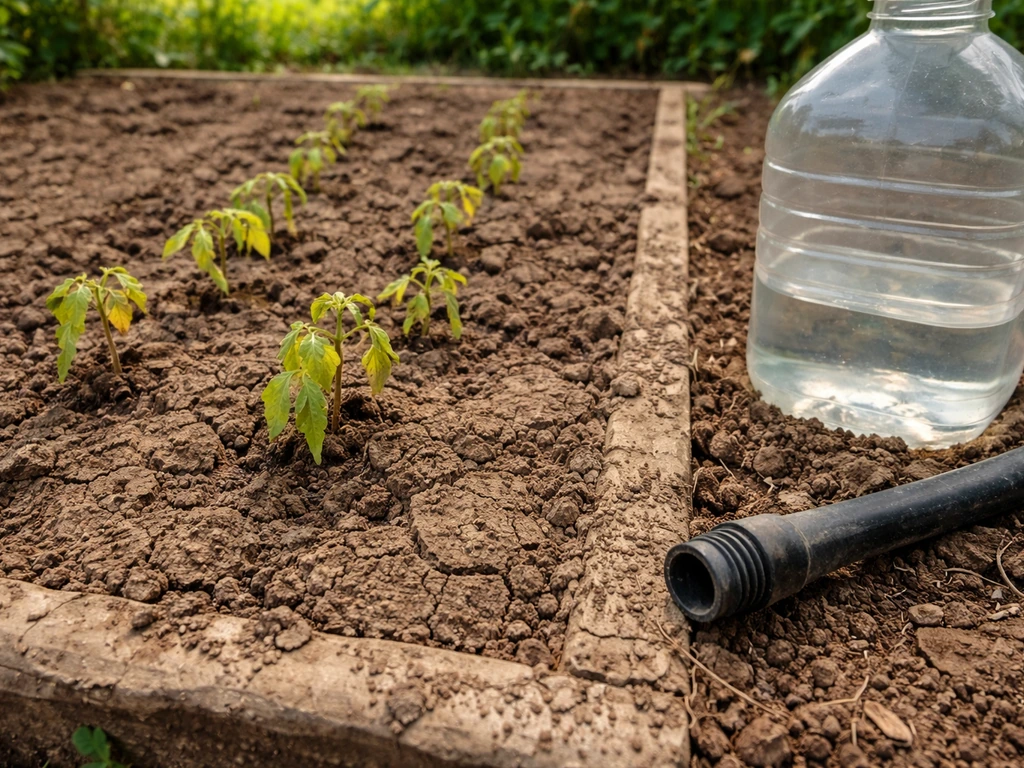 Dry garden plot with disconnected irrigation pipe and an empty water container beside struggling seedlings