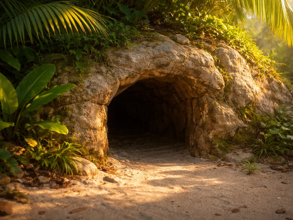 Tropical northeast corner with a small cave entrance in sandy stone where the Gourmand Frog lives.