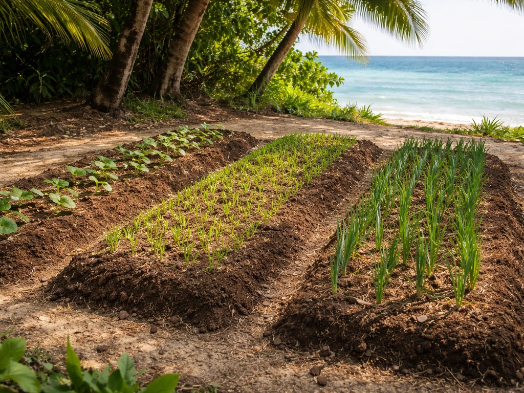 Sunlit view of neatly planted crop rows on Ginger Island farm with spaced tiles suggesting seasonal timing