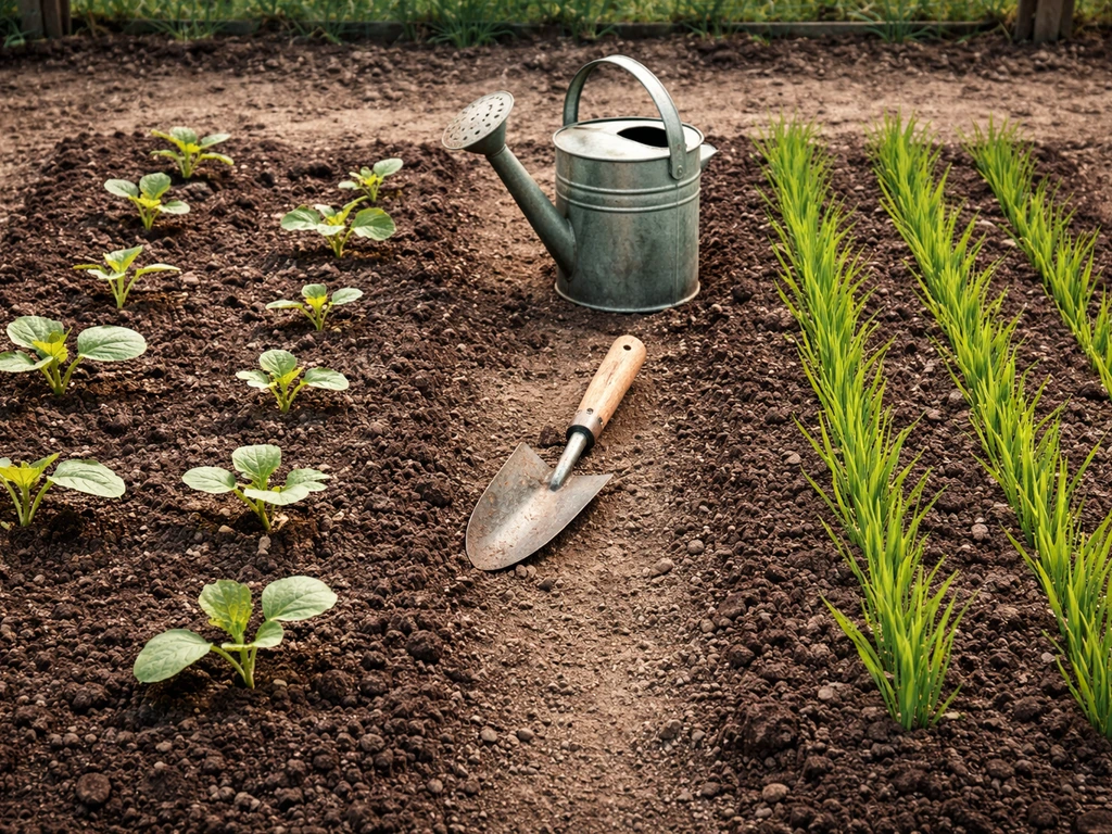 Garden beds showing wrong vs correct crop rows, with melon and wheat seedlings and a trowel