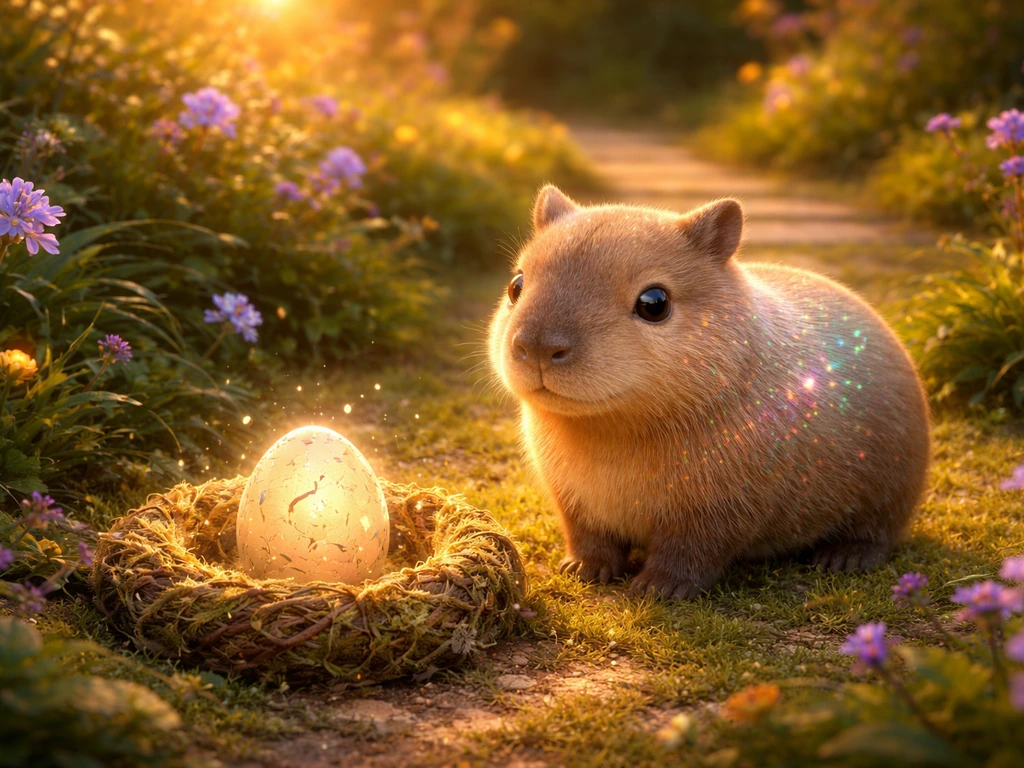 Legendary capybara-themed creature by a small egg-hatching setup in a vibrant fantasy garden
