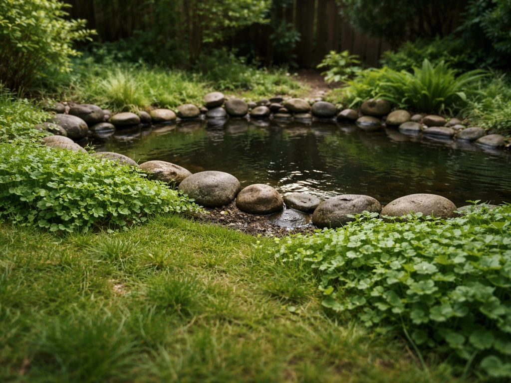 Minimal backyard garden with a stone pond edge and lush grass, no animals present.