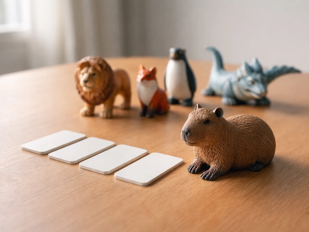 Close-up of a small collection of capybara-themed cards on a wooden table beside animal figurines